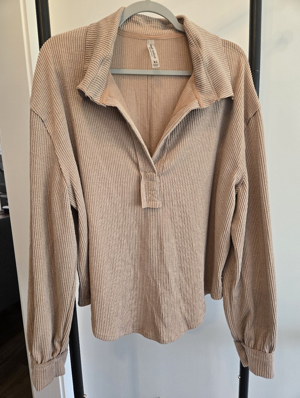 Simply Southern Ribbed Collared Henley Pullover Top Shirt Beige Women XL